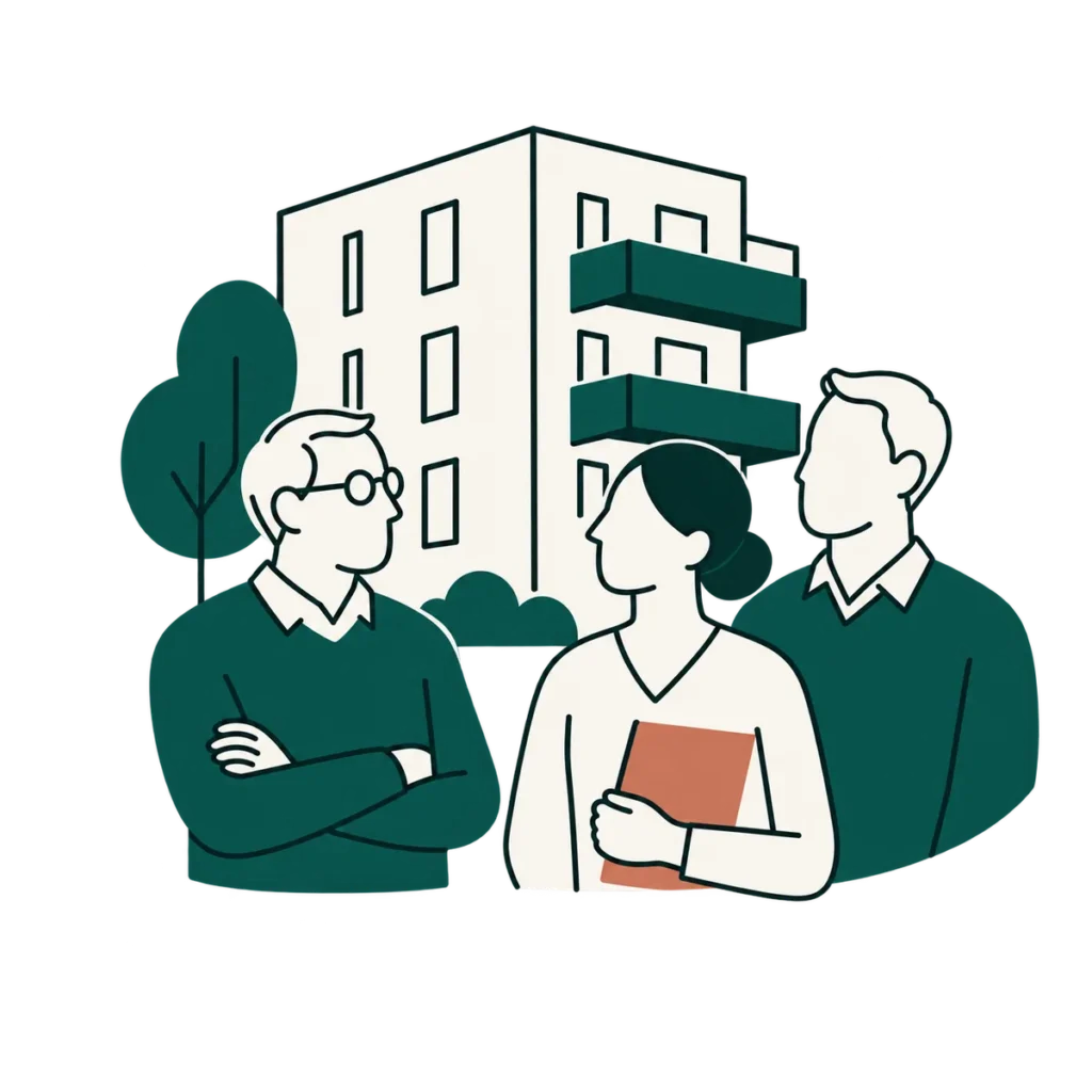 Drei Eigentümerinnen und Eigentümer stehen vor einem Mehrfamilienhaus.